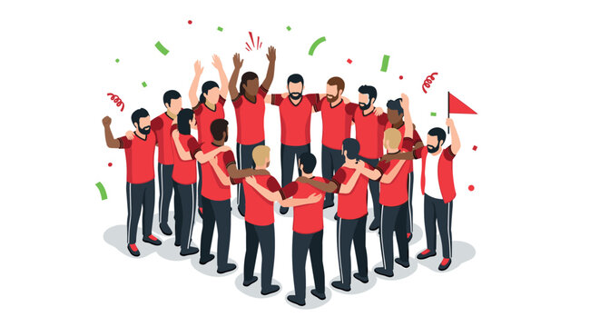 Diverse team celebration in isometric style with confetti and enthusiasm