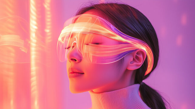 Asianwoman, AI NeuroWave Veil, wearable device for emotional regulation and tranquility, translucent headband that emits a slow bioluminescent rhythm, neuronal resonance field that harmonizes