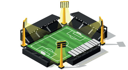 Modern isometric soccer stadium with bright floodlights and detailed seating