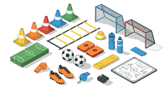 Isometric soccer training equipment with balls, cones, goals, and accessories
