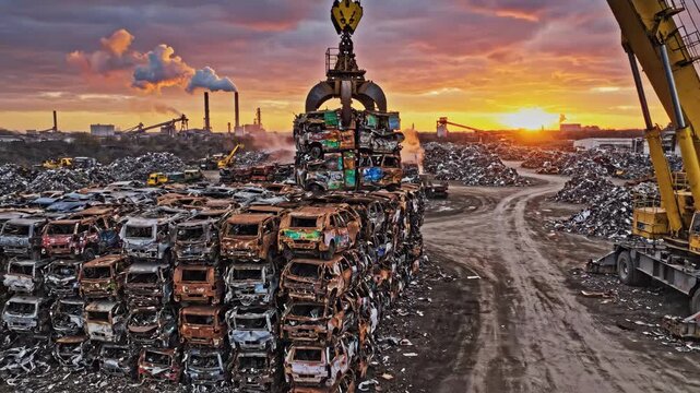 Industrial crane grabbing a stack of crushed car bodies for recycling in a large junkyard, with piles of scrap metal and factory chimneys under a dramatic sunset sky