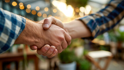 A handshake symbolizes trust, agreement, and a fresh start, highlighting collaboration and mutual respect in a greenhouse setting.