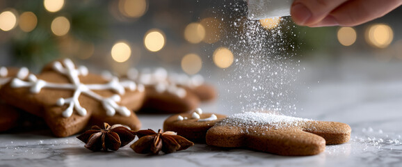 A hand sprinkles powdered sugar on gingerbread cookies decorated with white icing, star anise and cinnamon sticks are scattered around the table
