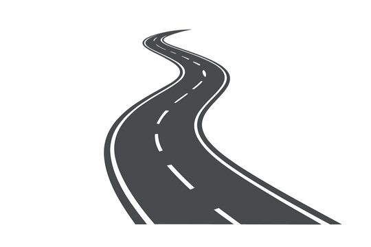 Winding asphalt road disappearing into the distance with dashed center lines and solid white borders