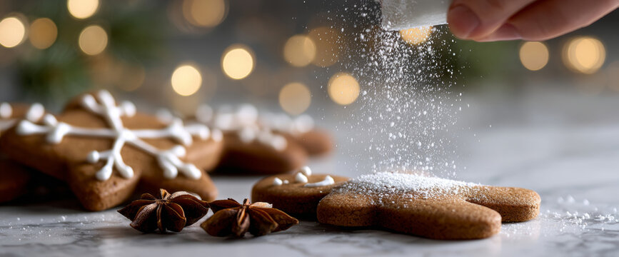 A hand sprinkles powdered sugar on gingerbread cookies decorated with white icing, star anise and cinnamon sticks are scattered around the table