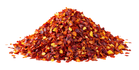 Dried red chili flakes piled on a white background showcasing their vibrant color and texture for culinary use