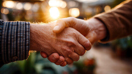 Close-up capturing a warm handshake between two people, symbolizing agreement and trust. Soft sunlight adds a touch of optimism to the moment.