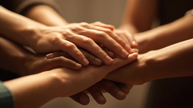 Hands piled together show teamwork, unity and collaboration concept