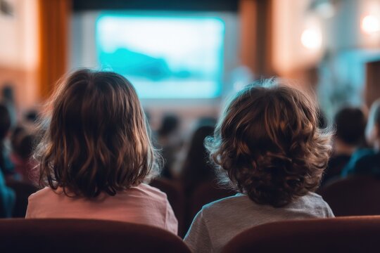 Two children sit in dark seats watching a bright illuminated screen with blurred figures in the background