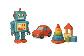 Fototapeta premium Classic children's toys collection featuring a retro robot, red car, stacking rings, and wooden blocks
