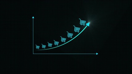 E-commerce growth concept. Graph with shopping cart icons increasing upward symbolizing increasing online sales, digital retail trends, ecommerce success and business growth.4k video glowing animation - Powered by Adobe