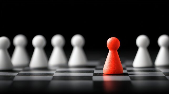 Brightly colored game piece stands out against a line of uniform white counterparts on a dark board