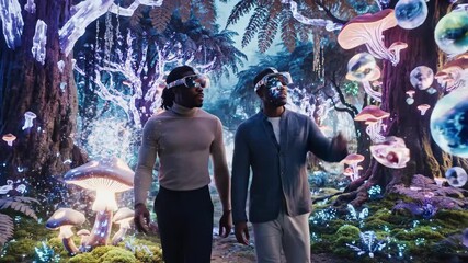 Two young black men wearing futuristic virtual reality headsets are interacting in a digital metaverse environment, connecting with innovative technology and augmented reality - Powered by Adobe