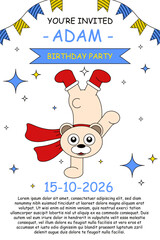 Kids Birthday Invitation flyer. Vector illustration of Birthday Invitation card with cute polar bear and holiday ribbon. Birth poster template design with typography. EPS 10