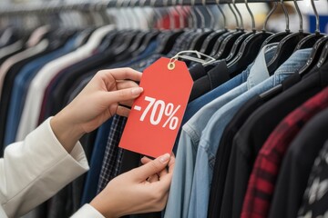Price tag showing 70 percent discount on clothes