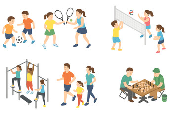 Diverse group playing soccer, tennis, volleyball, running, and board games outdoors