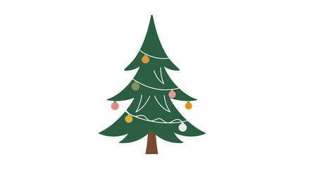 A simple hand drawn illustration of a green christmas tree decorated with colorful baubles and white string lights on a white background
