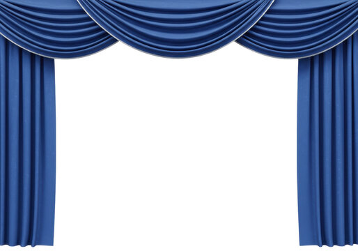 Elegant blue swag valance and curtains isolated PNG, window dressing for theater stage or home decor on transparent background