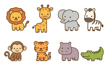 Naklejka premium Adorable collection of eight cartoon jungle and safari animals isolated on white background