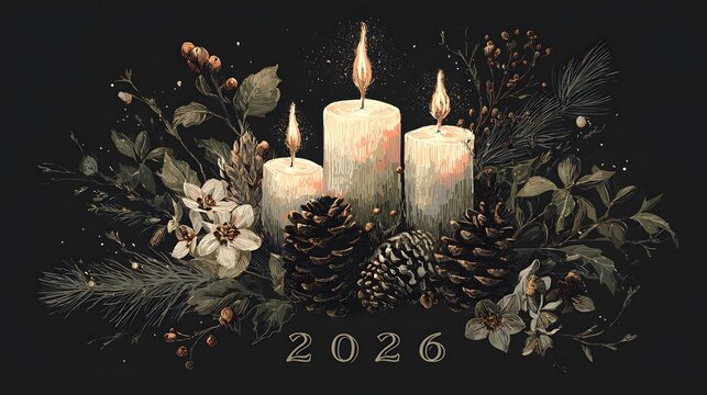 Modern Ornamental New Year 2026 Design Featuring Softly Glowing Candles, Scattered Pinecones, and Lush Winter Botanical Elements in a Minimalistic Artistic Style