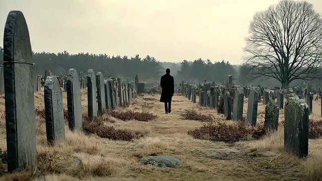 A man walked slowly through the cemetery, reflecting on memories as he passed by the gravestones.