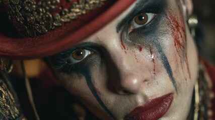 Unique makeup transformation highlighting dramatic face paint, intricate costume details, and storytelling elements inspired by a dark carnival theme