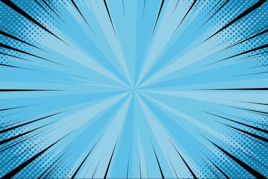 Comic book blue radial lines background halftone graphic concept