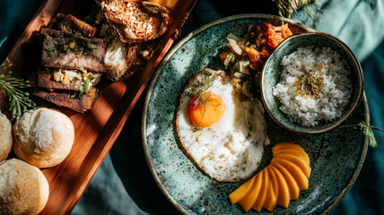 A delectable and nutritious breakfast spread featuring a sunny-side-up egg, rice, toast, and fruit, beautifully plated and ready to eat.