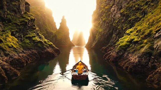 Person in small boat paddling through still water of a narrow, moss-covered canyon, sunlight breaking through monumental rock formations, highlighting the feeling of adventure and solitude