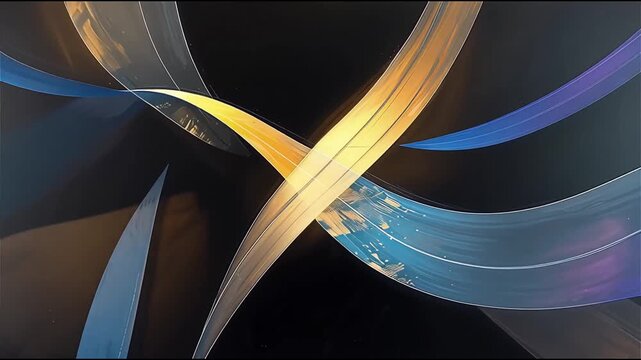 Abstract image with a futuristic composition featuring geometric shapes and dynamic lighting in cool shades of blue, violet, light blue and gold.