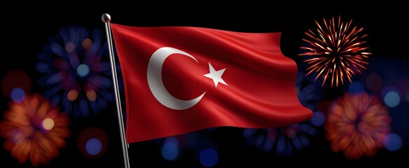 The vibrant turkish flag glows amid dazzling fireworks celebrating Republic Day festivities.