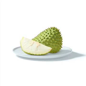 A slice of soursop fruit on a plate, isolated on white background