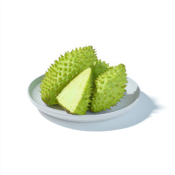 Several soursop fruits and a slice on a plate, isolated on white background