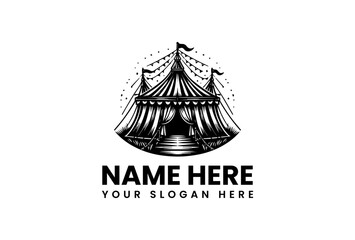 Vintage circus tent emblem with flags, a classic big top carnival and festival vector logo illustration