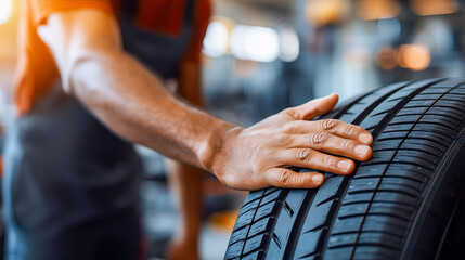 Expert technician inspects a tire at a busy auto service center during the afternoon rush