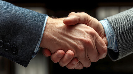 Business professionals engage in a firm handshake during a successful meeting, symbolizing trust and partnership in a modern office