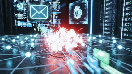 Futuristic digital network with data streams and server racks - Powered by Adobe