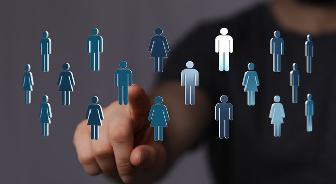 Hand touching digital avatars representing social connection, network, technology concept, digital transformati - Powered by Adobe