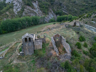 Aerial view from a drone of the abandoned village of Santa Mar&iacute;a de Belsu&eacute; in the municipality of Nueno. Hoya de Huesca region. Aragon. Spain. Europe