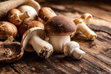 Fresh mushroom medley on rustic wood surface, showcasing natural texture and earthy tones for culinary enthusiasts and food lovers. Close-up shot.