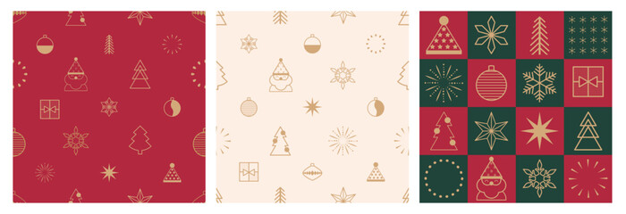 Seamless abstract pattern set with Christmas gold elements in geometric style for wrapping paper, card. Happy New Year pattern with minimalist gold line icons. Vector illustration