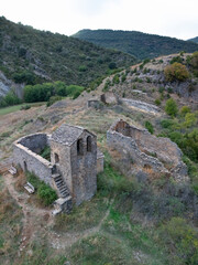Aerial view from a drone of the abandoned village of Santa Mar&iacute;a de Belsu&eacute; in the municipality of Nueno. Hoya de Huesca region. Aragon. Spain. Europe