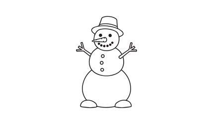 Simple line drawing of a cheerful snowman wearing a hat and holding up two fingers silhouette