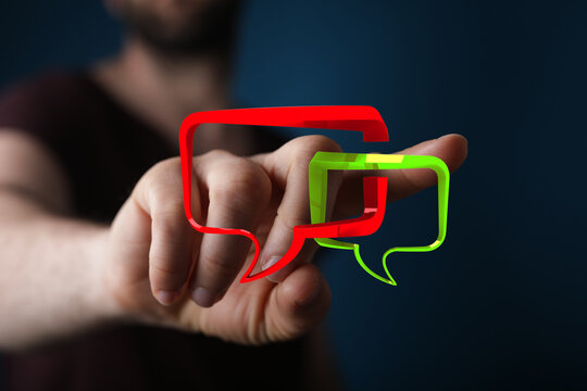 Conceptualization of messages online communication with digital interface and bubbles over fingers for technology concept.