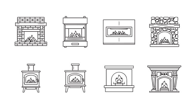 Collection of eight different fireplace and wood stove silhouettes for interior design
