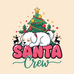 Fototapeta premium Cute Christmas illustration featuring a sleeping puppy in front of a decorated tree with festive ornaments, holly, stars, and Santa Crew text. Perfect for holiday designs and merchandise.