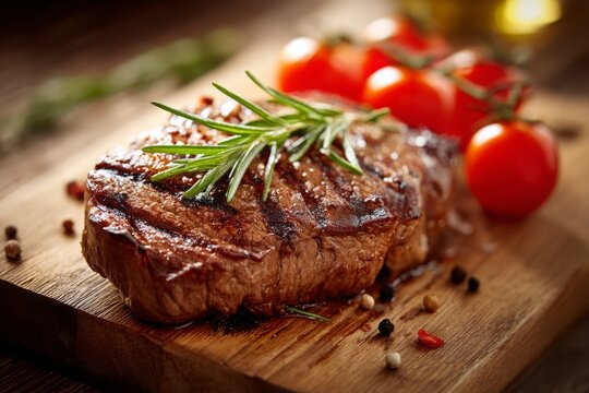 Grilled steak on a wooden board with rosemary and tomatoes, a culinary masterpiece showcasing food presentation, perfect for gastronomy enthusiasts and chefs alike.