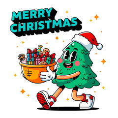 Cute cartoon Christmas tree character wearing a Santa hat and carrying a bowl of gifts and treats. Perfect for holiday designs, festive branding, greeting cards, and Christmas illustrations.