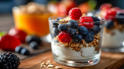 A parfait cup with berries, granola and yogurt sits on a wooden surface next to a glass of orange juice. Fresh, healthy, and delicious