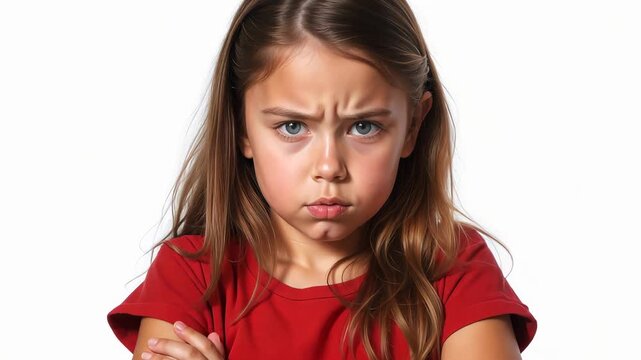 Child with stubborn expression, arms crossed defiantly. Serious face and body language, essence of childhood defiance and independence. Young girl offended. Adolescent problems in psychology